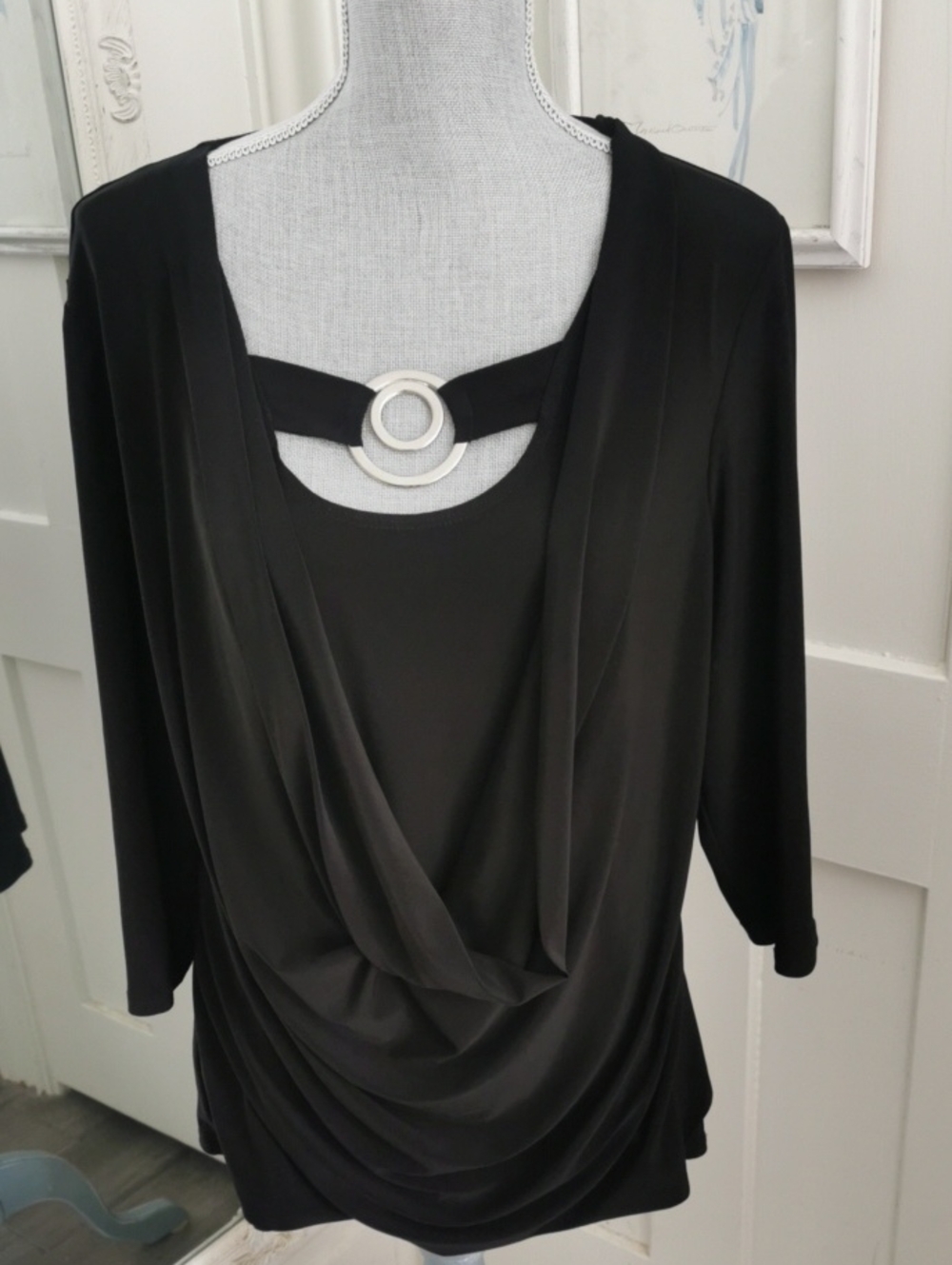 Frank Lyman Design Black Draped Elegant Cowlneck Silver Ring Accent 3/4 Top. 18